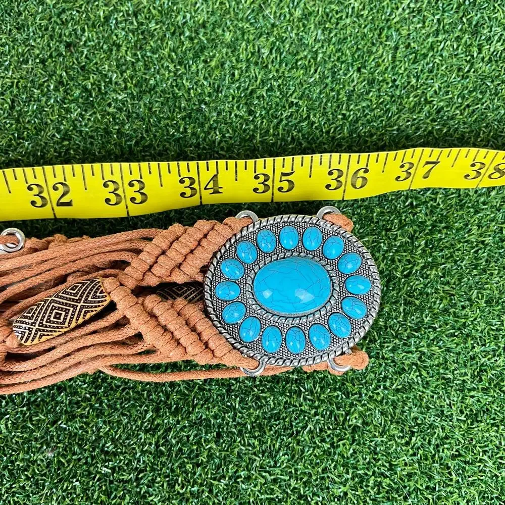 Boho Macrame Belt Turquoise Concho Brown Cord Western Southwestern Fringe 70